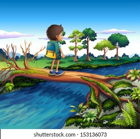 Illustration of a boy with a backpack crossing the river
