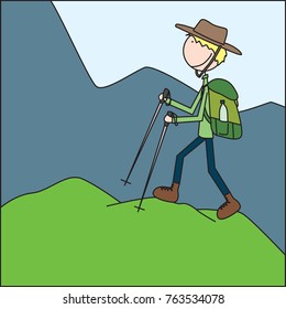 Illustration of a boy with backpack and mountaineering sticks climbing