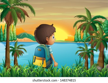 Illustration of a boy with a bag watching the sunset