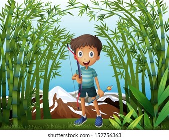 Illustration of a boy at the bamboo forest with a bow and arrow