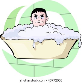 Illustration of boy bathing with bathtub	