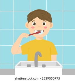 Illustration Junge im Badezimmer Zähneputzen, tägliche Routine Zähneputzen 