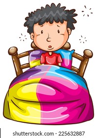 Ilustración de un niño en la cama de fondo blanco 