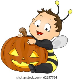 Illustration of a Boy in a Bee Costume Hugging a Jack o Lantern