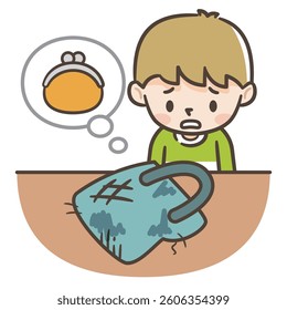 Illustration of a boy being bullied, his wallet stolen and his bag soiled, simple vector illustration