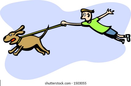 illustration of a boy being dragged by is dog