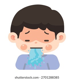 Illustration eines Jungen, der sich nach vorne beugt und erbricht, Symptome von Krankheit oder Lebensmittelvergiftung zeigt, heller, sauberer Hintergrund.