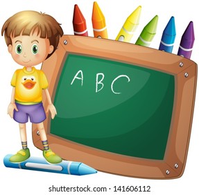 Illustration of a boy beside a board with crayons at the back on a white background