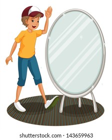 Illustration of a boy beside a mirror on a white background