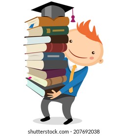illustration of a boy with a big stack of books