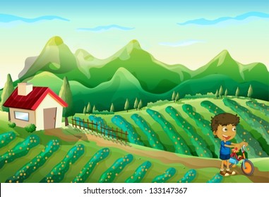 Illustration of a boy with a bike at the farm