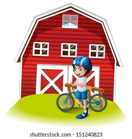 Illustration of a boy with a bike standing in front of the farmhouse on a white background