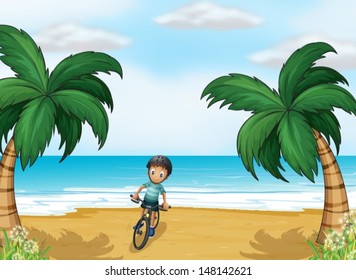 Illustration of a boy biking at the beach
