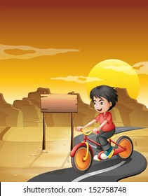 Ilustración de un niño que iba en bicicleta por el desierto con una cartelera vacía