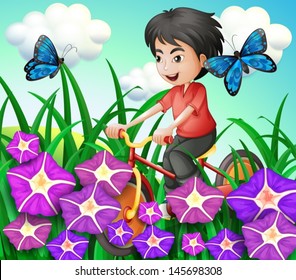 Illustration of a boy biking in the garden with flowers and butterflies 