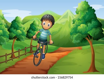 Illustration of a boy biking going to the farm