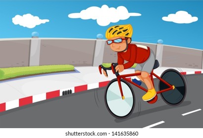 Illustration of a boy biking with his safety gears