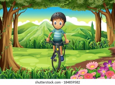 Illustration of a boy biking at the jungle