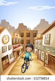 Illustration of a boy biking in the middle of the saloon bars