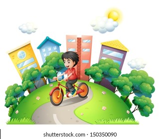 Illustration of a boy biking at the road going to the high buildings