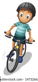 Illustration of a boy biking wearing a helmet on a white background 