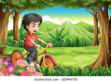 Illustration of a boy biking at the woods