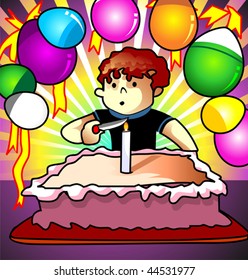Illustration of boy and birth day cake with decorations	