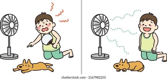 Illustration Of Boy Blowing Electric Fan