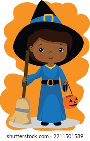 Illustration of boy in blue witch costume, boy dressed as wizard, brown hair, dark skin, halloween, wizard, with pumpkin and broom, funny