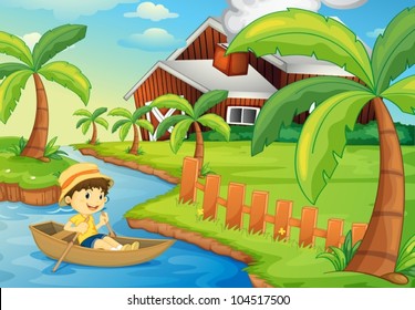 Illustration of a boy in a boat at a farm