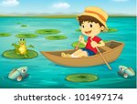 Illustration of boy in boat in a lake with animal characters