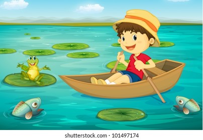 Illustration of boy in boat in a lake with animal characters