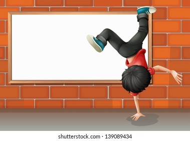 Illustration of a boy breakdancing in front of the empty board