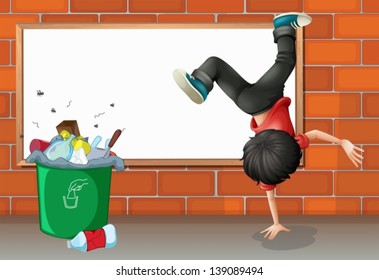 Illustration of a boy breakdancing near a trash can with an empty board