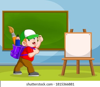 The illustration of the boy brings the art supplies in his purple bag