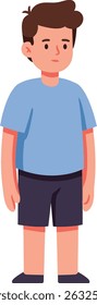 Illustration of a boy with brown hair wearing a blue shirt and black shorts standing calmly on a white background in portrait orientation. Cheerful mood.