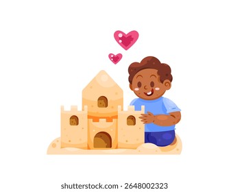 illustration of a boy building a sand castle. playing sand on the beach. little boy playing happily. child's facial expression. cute and adorable. flat style character design. asset elements