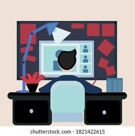illustration of a boy busy studying with his computer at home, studying during quarantine, with his teacher, etc.