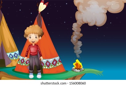 Illustration of a boy camping at the cliff in the middle of the night