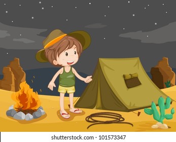 Illustration of boy camping in the desert