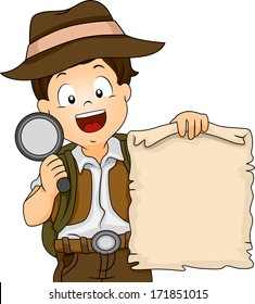 Illustration of a Boy in Camping Gear Holding a Treasure Map and a Magnifying Glass