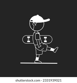 Illustration of boy with cap and skateboard, over black background. For your icon or logo graphic needs