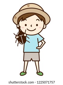 Illustration of a boy capturing insects.