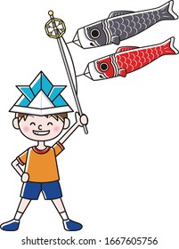 Illustration of boy with carp streamers