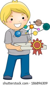 Illustration of a Boy Carrying a School Project with a Ribbon Attached to it