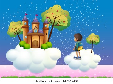 Ilustración de un niño y un castillo sobre las nubes