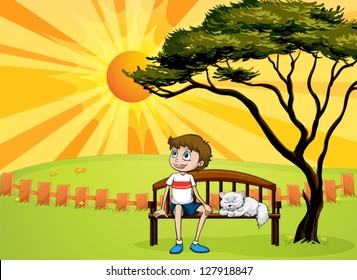 Illustration of a boy and a cat sitting on a bench and a beautiful landscape