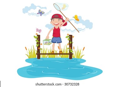 illustration of boy catching butterfly in garden