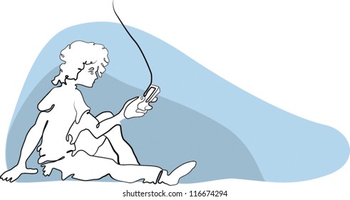 illustration of a boy and a cell phone, vector, looking at a message, teenager