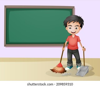 Illustration of a boy cleaning in a classroom